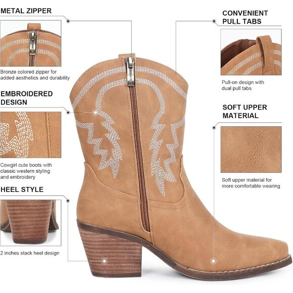 ⚡Women's Tan Ankle Boot Embroidered Comfy Fashion Vintage Boot Wide Calf - Picture 2 of 5